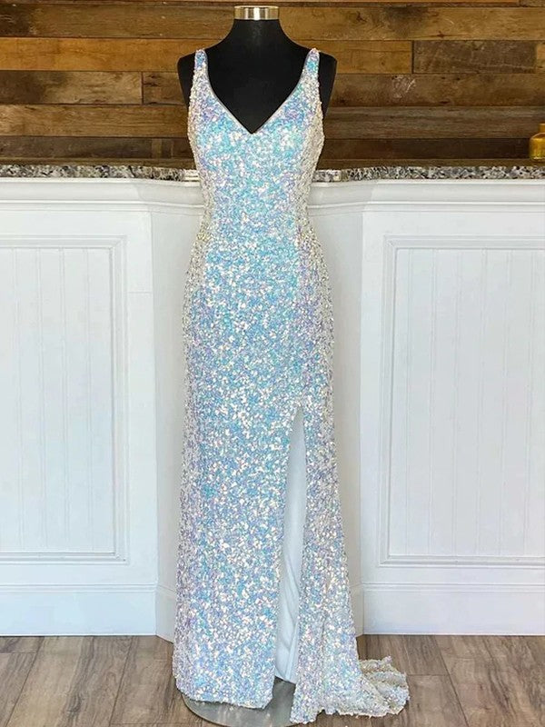 Sheath/Column Velvet Sequins V-neck Sleeveless Sweep/Brush Train Prom Dress