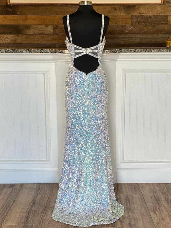 Sheath/Column Velvet Sequins V-neck Sleeveless Sweep/Brush Train Prom Dress