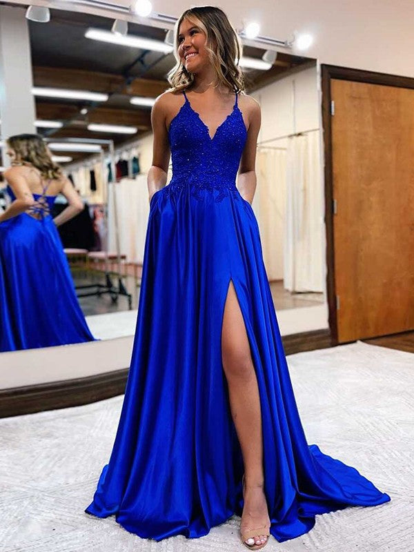 A-Line/Princess Elastic Woven Satin Applique V-neck Sleeveless Sweep/Brush Train Prom Dress