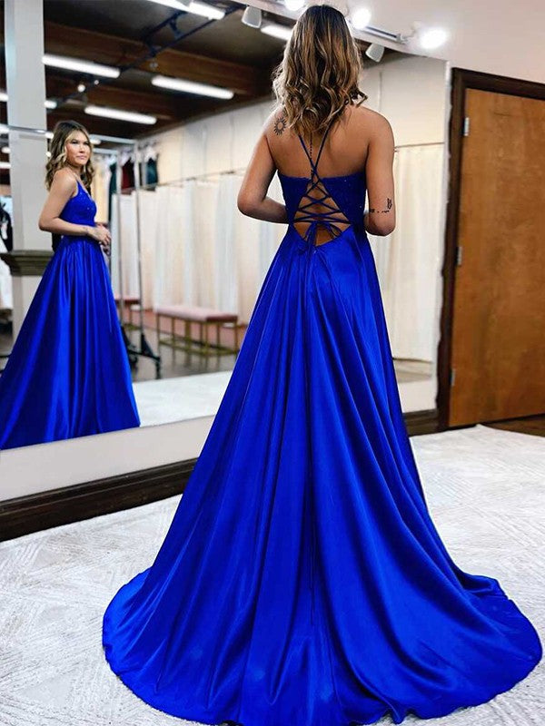 A-Line/Princess Elastic Woven Satin Applique V-neck Sleeveless Sweep/Brush Train Prom Dress