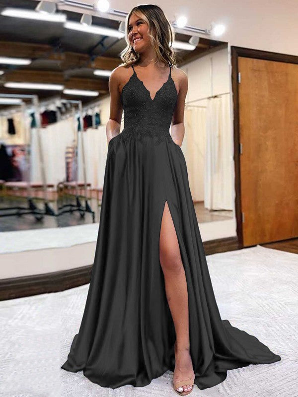 A-Line/Princess Elastic Woven Satin Applique V-neck Sleeveless Sweep/Brush Train Prom Dress
