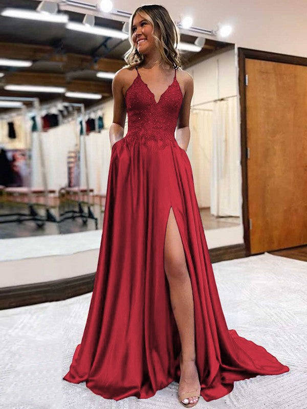 A-Line/Princess Elastic Woven Satin Applique V-neck Sleeveless Sweep/Brush Train Prom Dress