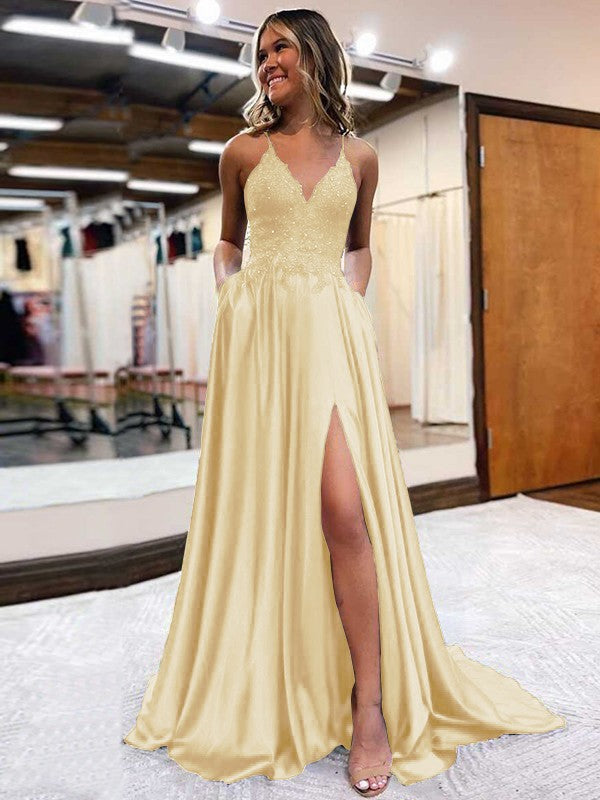 A-Line/Princess Elastic Woven Satin Applique V-neck Sleeveless Sweep/Brush Train Prom Dress