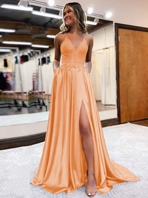 A-Line/Princess Elastic Woven Satin Applique V-neck Sleeveless Sweep/Brush Train Prom Dress