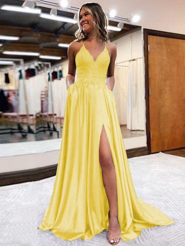 A-Line/Princess Elastic Woven Satin Applique V-neck Sleeveless Sweep/Brush Train Prom Dress