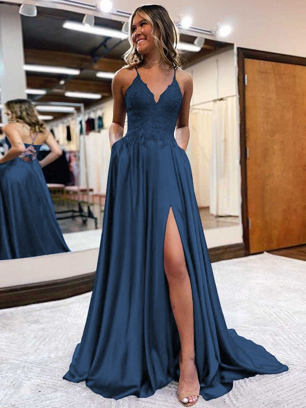 A-Line/Princess Elastic Woven Satin Applique V-neck Sleeveless Sweep/Brush Train Prom Dress