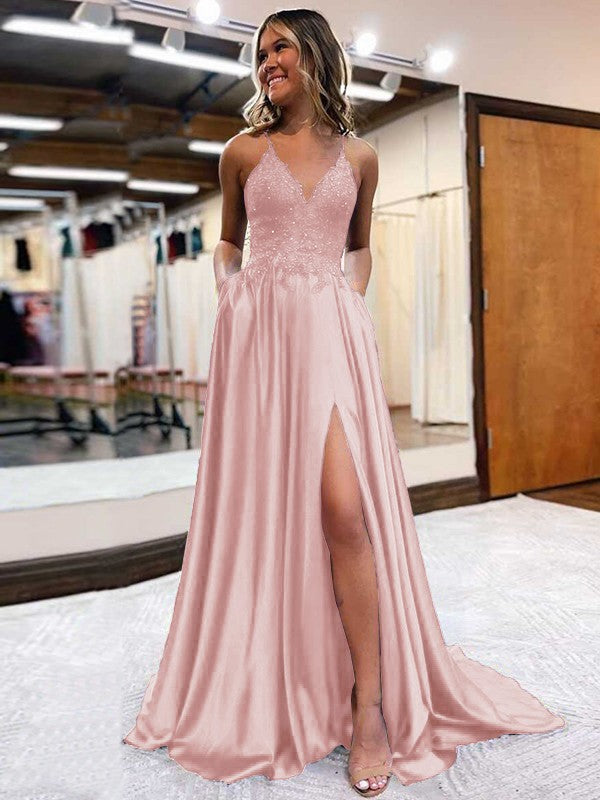 A-Line/Princess Elastic Woven Satin Applique V-neck Sleeveless Sweep/Brush Train Prom Dress