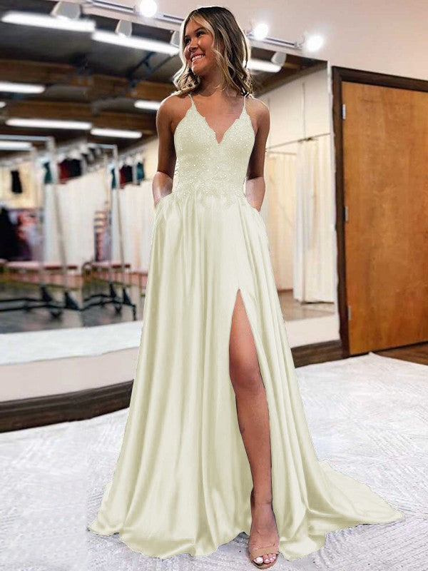 A-Line/Princess Elastic Woven Satin Applique V-neck Sleeveless Sweep/Brush Train Prom Dress