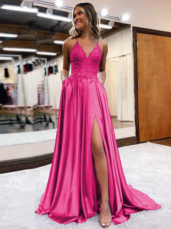 A-Line/Princess Elastic Woven Satin Applique V-neck Sleeveless Sweep/Brush Train Prom Dress
