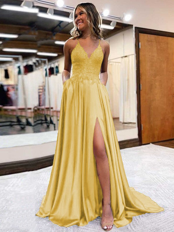 A-Line/Princess Elastic Woven Satin Applique V-neck Sleeveless Sweep/Brush Train Prom Dress
