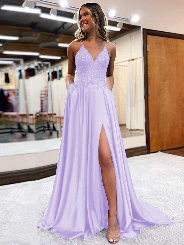 A-Line/Princess Elastic Woven Satin Applique V-neck Sleeveless Sweep/Brush Train Prom Dress