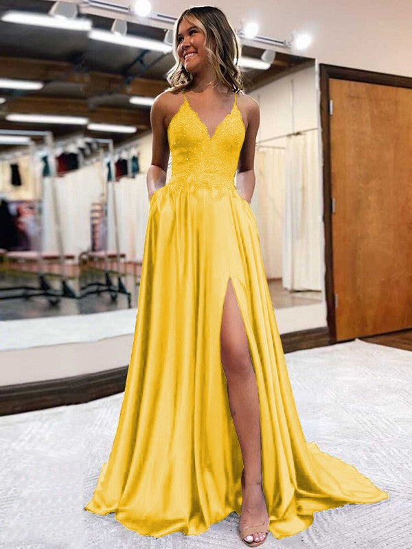 A-Line/Princess Elastic Woven Satin Applique V-neck Sleeveless Sweep/Brush Train Prom Dress