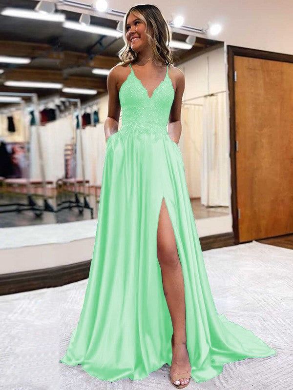 A-Line/Princess Elastic Woven Satin Applique V-neck Sleeveless Sweep/Brush Train Prom Dress