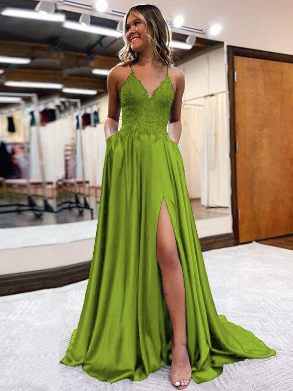 A-Line/Princess Elastic Woven Satin Applique V-neck Sleeveless Sweep/Brush Train Prom Dress