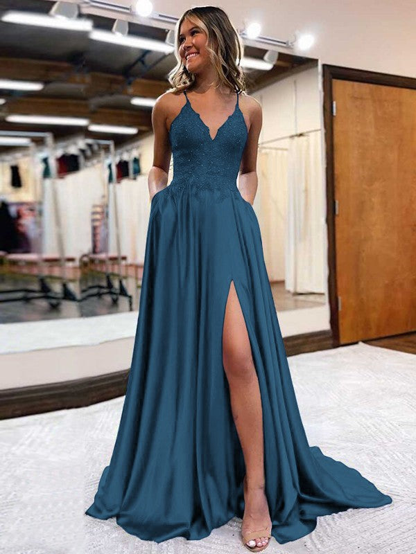 A-Line/Princess Elastic Woven Satin Applique V-neck Sleeveless Sweep/Brush Train Prom Dress
