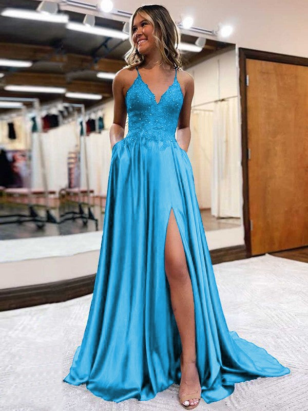 A-Line/Princess Elastic Woven Satin Applique V-neck Sleeveless Sweep/Brush Train Prom Dress