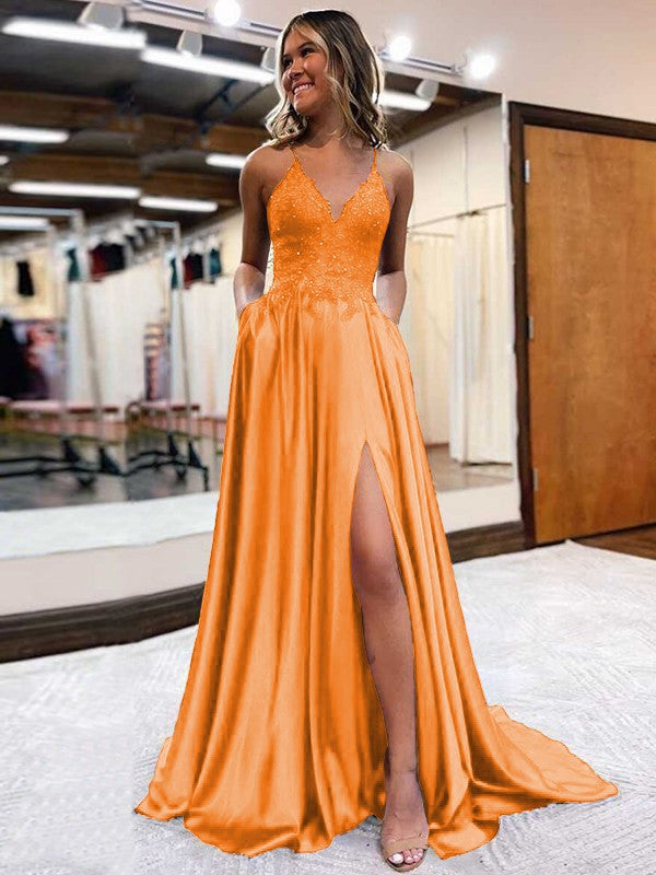 A-Line/Princess Elastic Woven Satin Applique V-neck Sleeveless Sweep/Brush Train Prom Dress