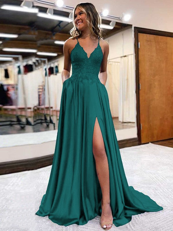 A-Line/Princess Elastic Woven Satin Applique V-neck Sleeveless Sweep/Brush Train Prom Dress