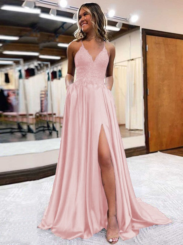 A-Line/Princess Elastic Woven Satin Applique V-neck Sleeveless Sweep/Brush Train Prom Dress