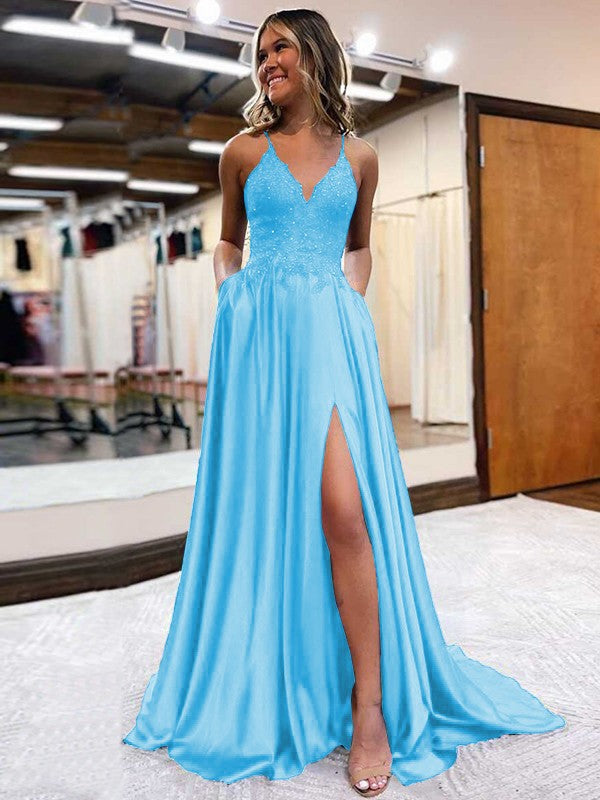 A-Line/Princess Elastic Woven Satin Applique V-neck Sleeveless Sweep/Brush Train Prom Dress