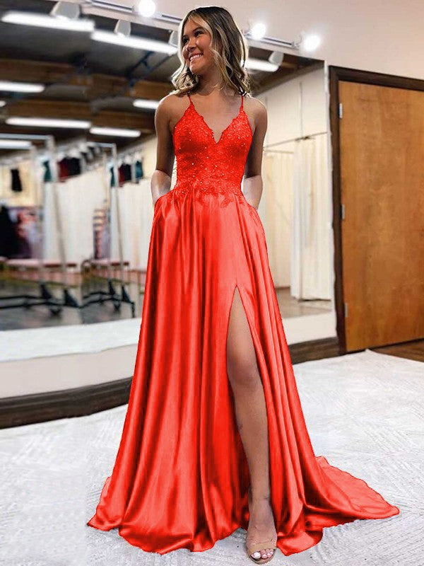 A-Line/Princess Elastic Woven Satin Applique V-neck Sleeveless Sweep/Brush Train Prom Dress