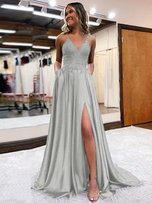 A-Line/Princess Elastic Woven Satin Applique V-neck Sleeveless Sweep/Brush Train Prom Dress