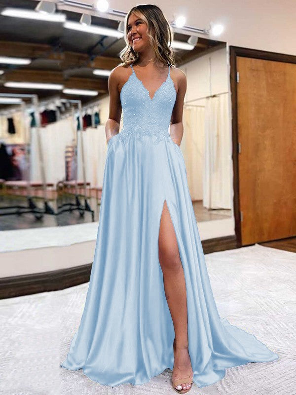 A-Line/Princess Elastic Woven Satin Applique V-neck Sleeveless Sweep/Brush Train Prom Dress