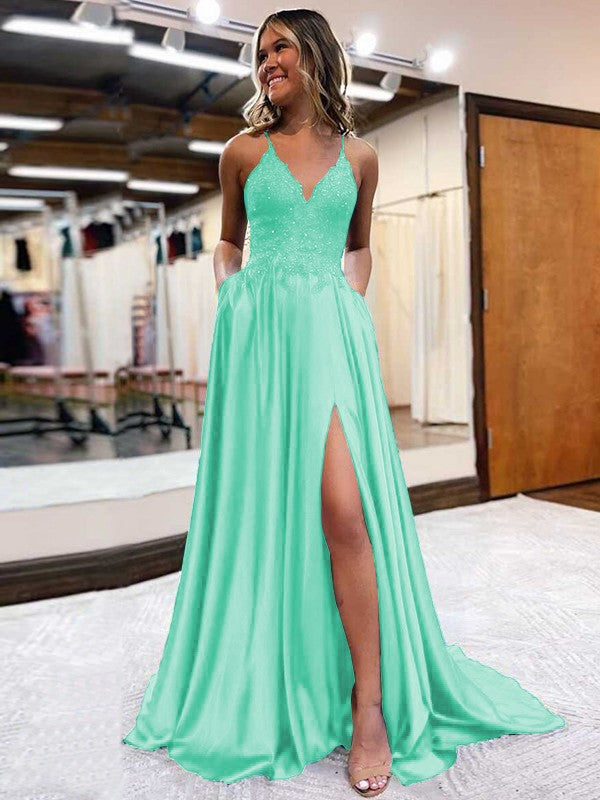 A-Line/Princess Elastic Woven Satin Applique V-neck Sleeveless Sweep/Brush Train Prom Dress