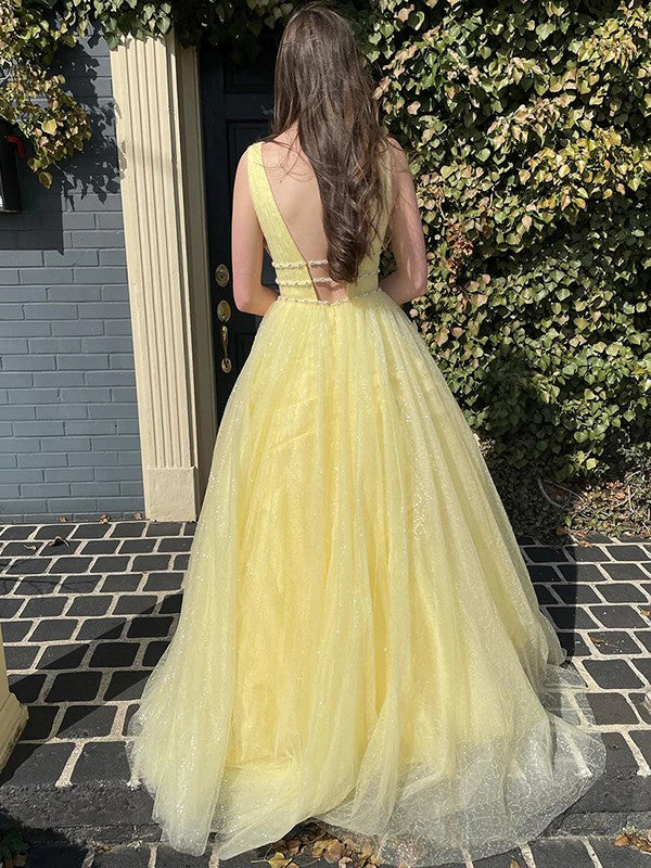 A-Line/Princess Ruffles V-neck Sleeveless Sweep/Brush Train Prom Dress