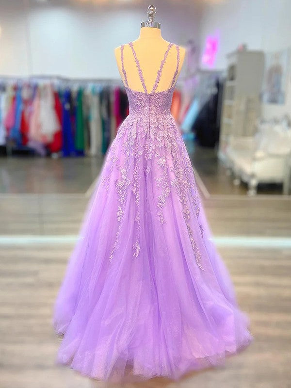 A-Line/Princess Tulle Applique V-neck Sleeveless Sweep/Brush Train Prom Dress