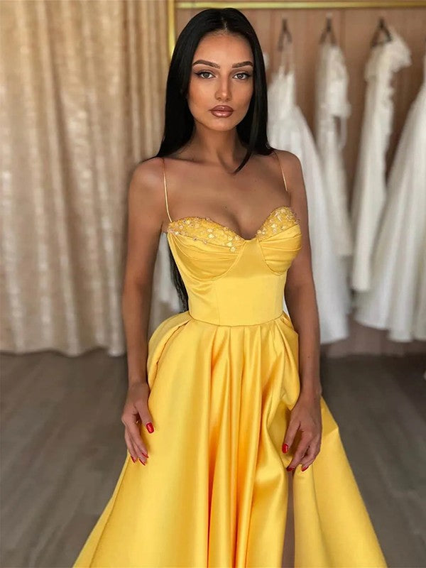 A-Line/Princess Satin Ruffles Spaghetti Straps Sleeveless Floor-Length Prom Dress
