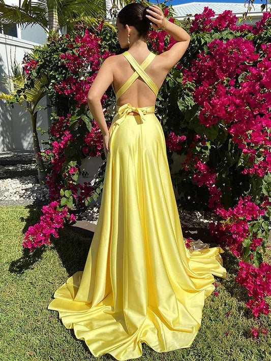 A-Line/Princess Silk like Satin Ruffles V-neck Sleeveless Sweep/Brush Train Prom Dress