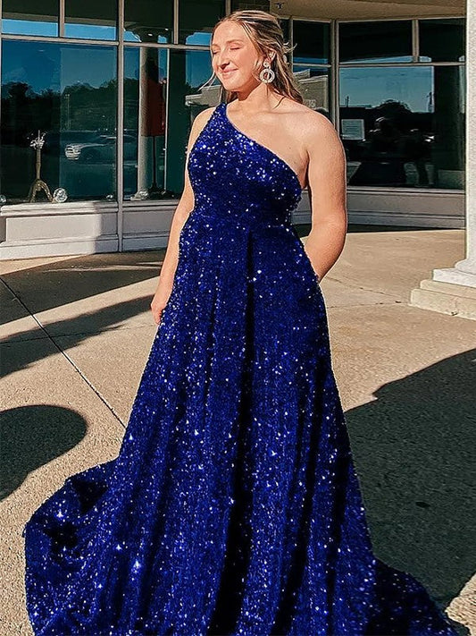 A-Line/Princess Velvet Sequins Ruffles One-Shoulder Sleeveless Sweep/Brush Train Plus Size Prom Dress
