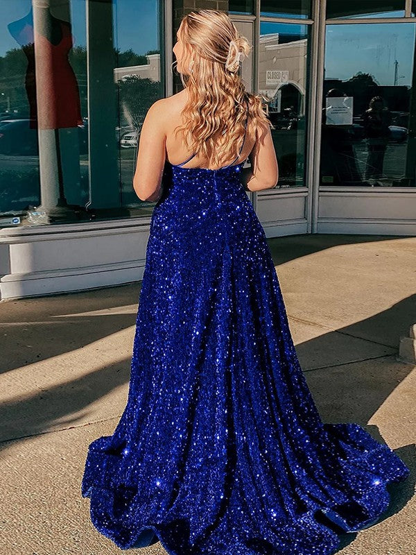 A-Line/Princess Velvet Sequins Ruffles One-Shoulder Sleeveless Sweep/Brush Train Plus Size Prom Dress