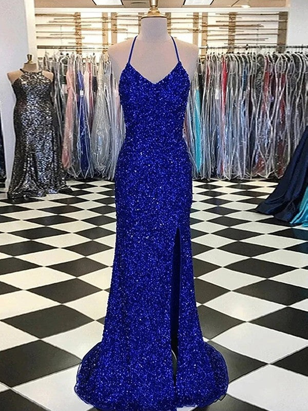 Sheath/Column Velvet Sequins V-neck Sleeveless Sweep/Brush Train Prom Dress