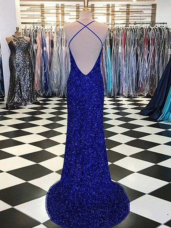 Sheath/Column Velvet Sequins V-neck Sleeveless Sweep/Brush Train Prom Dress