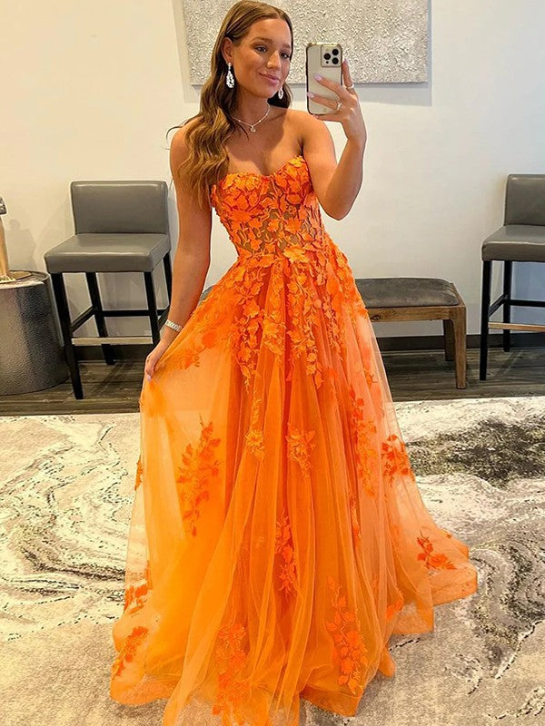 A-Line/Princess Tulle Corset-Style Applique Sweetheart Sleeveless Sweep/Brush Train Prom Dress