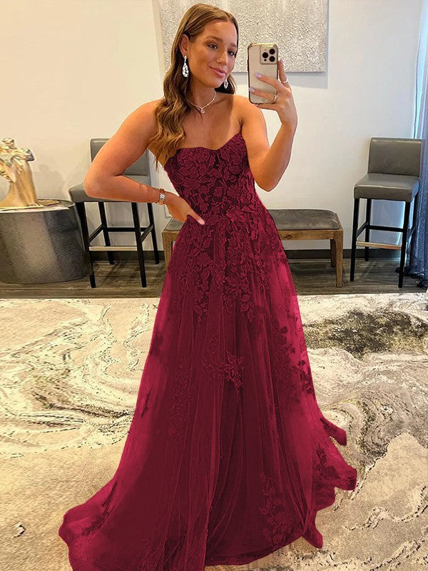 A-Line/Princess Tulle Corset-Style Applique Sweetheart Sleeveless Sweep/Brush Train Prom Dress