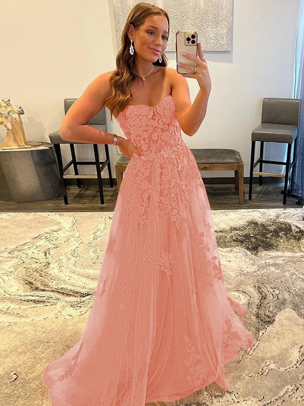 A-Line/Princess Tulle Corset-Style Applique Sweetheart Sleeveless Sweep/Brush Train Prom Dress