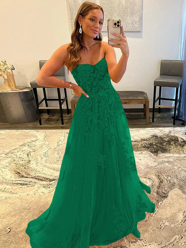 A-Line/Princess Tulle Corset-Style Applique Sweetheart Sleeveless Sweep/Brush Train Prom Dress