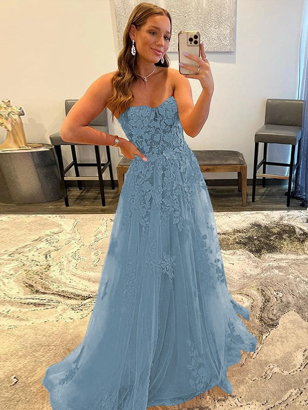A-Line/Princess Tulle Corset-Style Applique Sweetheart Sleeveless Sweep/Brush Train Prom Dress