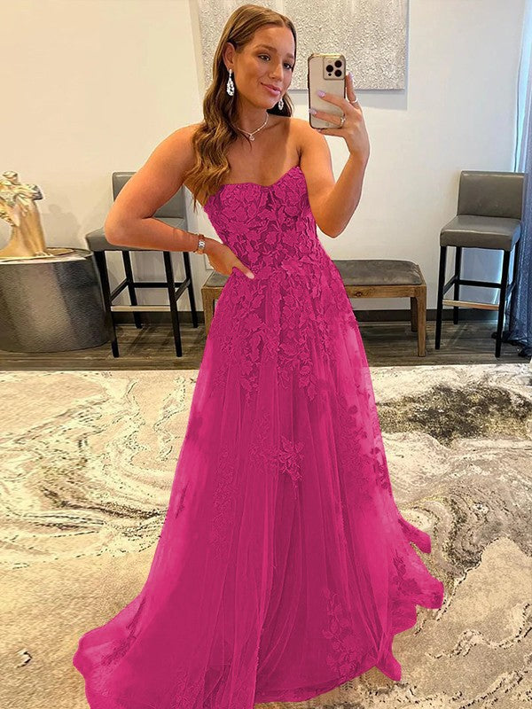 A-Line/Princess Tulle Corset-Style Applique Sweetheart Sleeveless Sweep/Brush Train Prom Dress