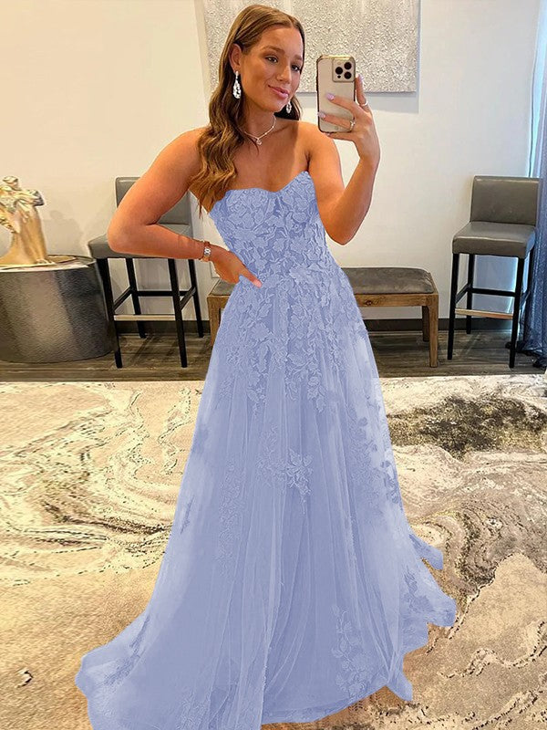 A-Line/Princess Tulle Corset-Style Applique Sweetheart Sleeveless Sweep/Brush Train Prom Dress
