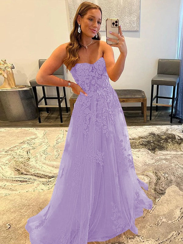 A-Line/Princess Tulle Corset-Style Applique Sweetheart Sleeveless Sweep/Brush Train Prom Dress