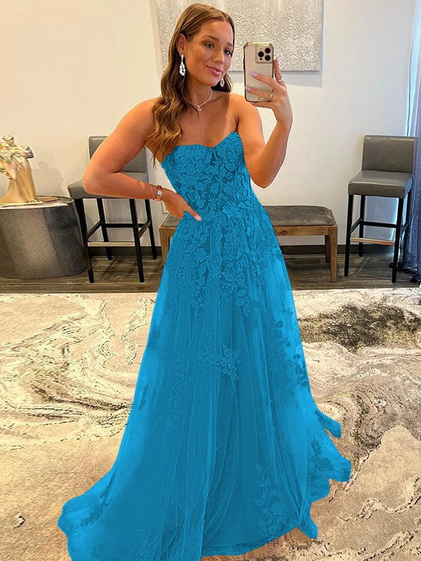 A-Line/Princess Tulle Corset-Style Applique Sweetheart Sleeveless Sweep/Brush Train Prom Dress