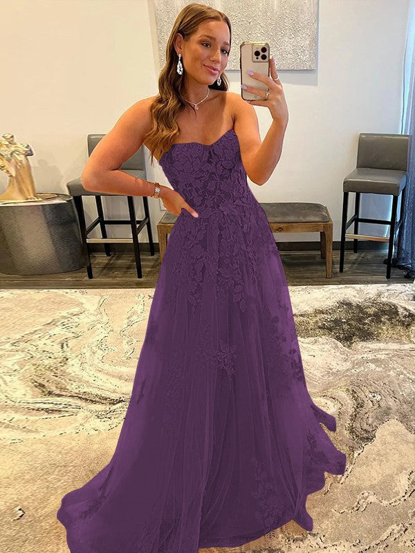 A-Line/Princess Tulle Corset-Style Applique Sweetheart Sleeveless Sweep/Brush Train Prom Dress