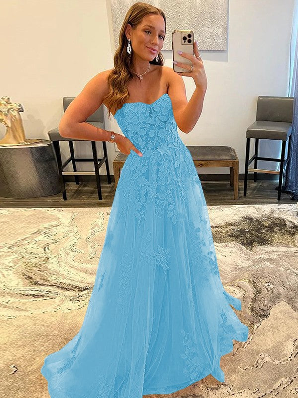A-Line/Princess Tulle Corset-Style Applique Sweetheart Sleeveless Sweep/Brush Train Prom Dress