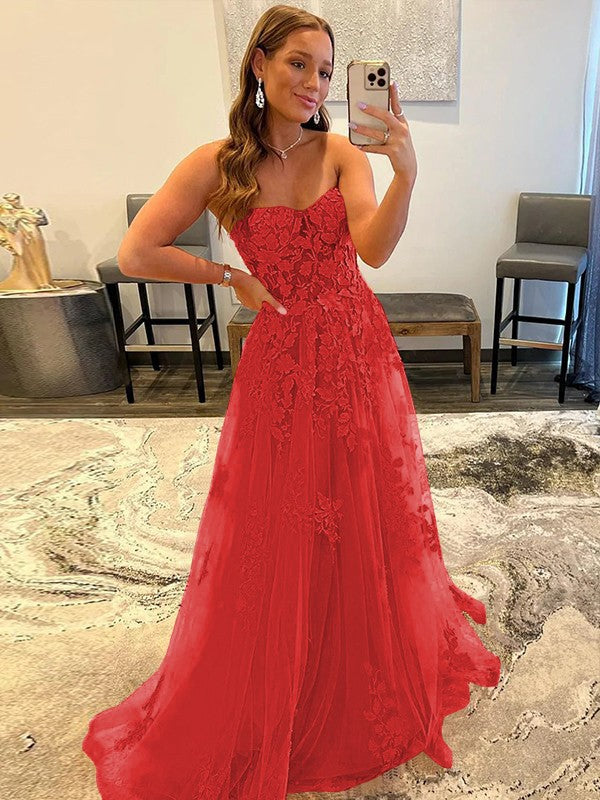 A-Line/Princess Tulle Corset-Style Applique Sweetheart Sleeveless Sweep/Brush Train Prom Dress