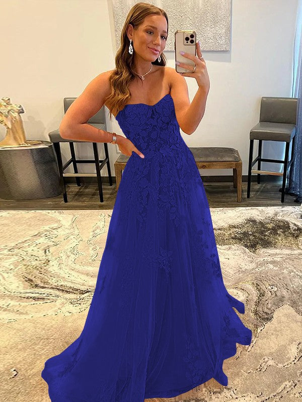 A-Line/Princess Tulle Corset-Style Applique Sweetheart Sleeveless Sweep/Brush Train Prom Dress