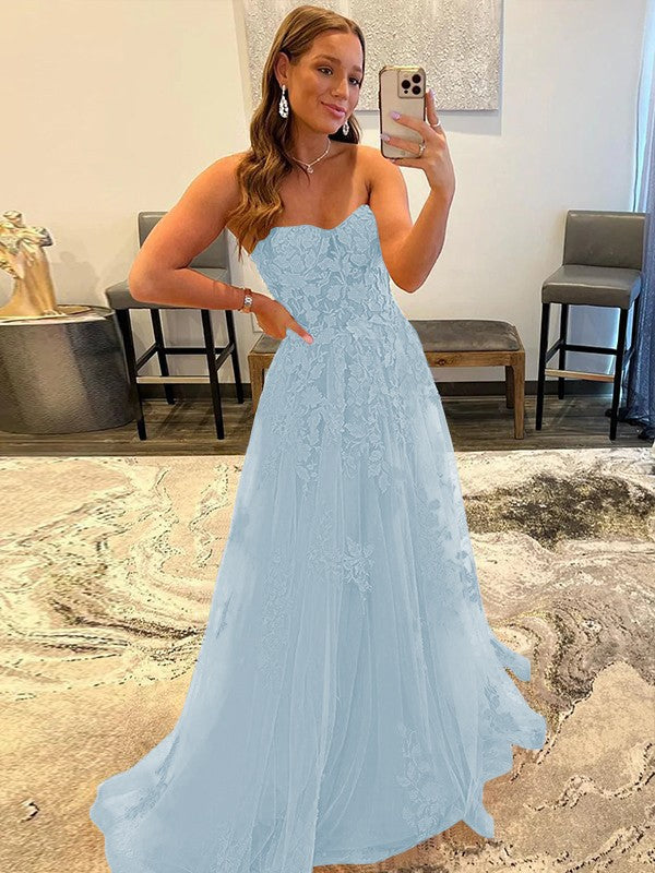 A-Line/Princess Tulle Corset-Style Applique Sweetheart Sleeveless Sweep/Brush Train Prom Dress